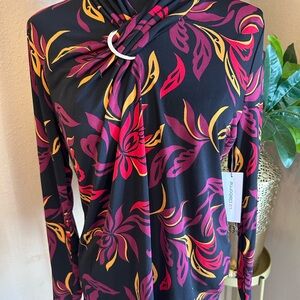 Liz Claiborne Black Top with Red and Yellow Floral Pattern